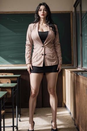 (masterpiece, best quality:1.3), highly detailed, realistic, perfect light, absurdres, 1girl, mature, voluptuous, (black hair, long hair:1.2), (teacher dress, blazers, glass:1.3), (classroom:1.2), standing, (black pumps:1.3)