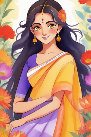 an anime style Durga puja illustration, indian festival vibe, surrounded by flowers, solo, flower, long hair, smile, saree, looking at viewer, floral print, red flower, black hair, yellow flower, purple flower, plant, upper body, white shirt, orange flower, long hair, closed mouth, leaf, blue flower, purple eyes, brown hair, watercolor \(medium\), from side