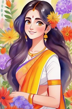 an anime style Durga puja illustration, surrounded by flowers, solo, flower, long hair, smile, saree, looking at viewer, floral print, red flower, black hair, yellow flower, purple flower, plant, upper body, white shirt, orange flower, long hair, closed mouth, leaf, blue flower, purple eyes, brown hair, watercolor \(medium\), from side