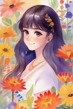 an anime, Durga puja illustration, surrounded by flowers, solo, flower, long hair, smile, shirt, looking at viewer, short sleeves, floral print, red flower, black hair, yellow flower, purple flower, plant, upper body, white shirt, orange flower, bangs, closed mouth, leaf, blue flower, purple eyes, brown hair, watercolor \(medium\), from side