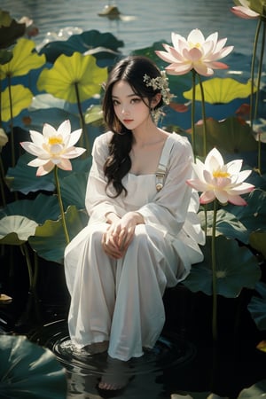 Full body shot, top view , 1girl,  ((masterpiece, best quality, ultra detailed, absurdres):1.5) ,1girl, beautiful, ZGirl,orange eyes, (completely naked no clothings under overalls),ZGirl,aodai, lotus,lotus leaf, water, from_behind ,dream_girl,lotus lake, ,xuer Lotus leaf,Sexy_attire 
