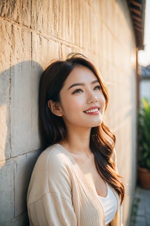 asian beautiful woman leaning against wall, close eyes and big smile, cinematic, 7mm, film grain, golden hour, warm atmosphere
