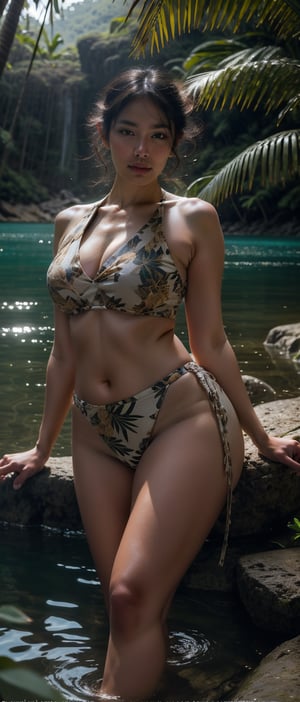 gorgeous female, sitting in the lake, paradise, jungle in background, tropical, attractive, flirting, looking at viewer, portrait, photography, detailed skin, realistic, photo-realistic, 8k, highly detailed, full length frame, High detail RAW color art, diffused soft lighting, sharp focus, hyperrealism, cinematic lighting