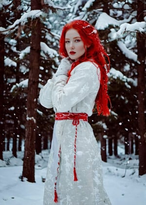 (masterpiece), (best quality), full body beautiful woman, winterwave aesthetics, red threads representing hair, snow, white and red elements, Movie Still,photo r3al