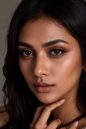 Portrait, close-up of a sexy Indian model, indian girl, eye makeup, lusty, ultra-realistic, portrait, shot on a Sony A7III, high quality 