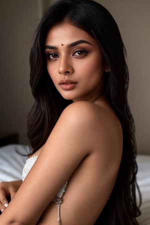 Portrait, close-up of a sexy Indian model, indian girl, eye makeup, lusty, ultra-realistic, portrait, shot on a Sony A7III, high quality 