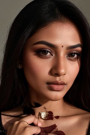 Portrait, close-up of a sexy Indian model, indian girl, eye makeup, lusty, ultra-realistic, portrait, shot on a Sony A7III, high quality 