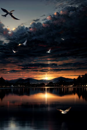 Landscape, cloudy sky, birds flying, lakeside 