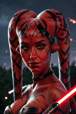 DarthTalon, facial portrait, sexy stare, smirked, dark forest, cloudy sky, lightning, ,Twilek, red light saber on hand, 