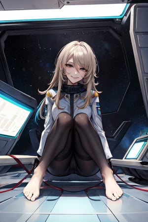 Yuki Mori, naked, facial portrait, sexy stare, smirked,   inside spaceship, space, crouched 