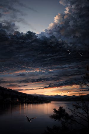 Landscape, cloudy sky, birds flying, lakeside 