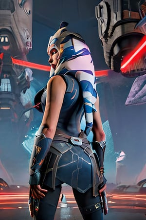 ahsokatano, facial portrait, sexy stare, smirked, futuristic city, cloudy sky, spaceships, light_saber, white, holding it on each hand, from behind 