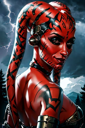 DarthTalon, facial portrait, sexy stare, smirked, dark forest, cloudy sky, lightning, ,Twilek, butt shot 