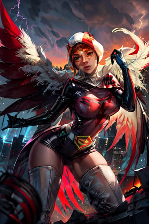 ANI_CLASSIC_jun_gatchaman_ownwaifu, facial portrait, sexy stare, sexy pose, on top of building, futuristic city, cloudy sky, Phoenix flying, lightning, ((((Phoenix flying through the sky))))