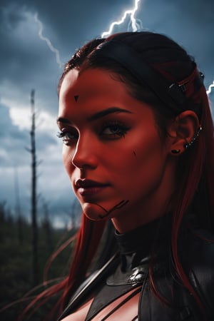 DarthTalon, facial portrait, sexy stare, smirked, dark forest, cloudy sky, lightning, 