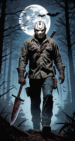 ultra Detailed Jason Voorhees,
(holding machete), walking through the forest, cloudy sky, lightning, bats, full moon, from behind, looking at the camera 