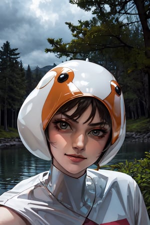 ANI_CLASSIC_jun_gatchaman_ownwaifu, facial portrait, sexy stare, smirked, on top of hill, forest below, lake, cloudy sky, crouched 