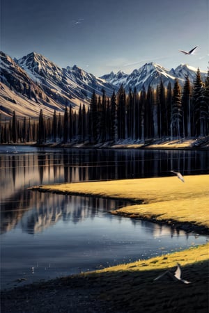 Landscape, sunny day, birds flying, lakeside 