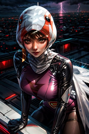 ANI_CLASSIC_jun_gatchaman_ownwaifu, facial portrait, sexy stare, sexy pose, on top of building, futuristic city, cloudy sky, Phoenix flying, lightning, 