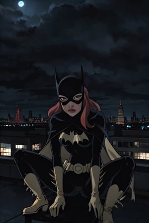 Batgirl, facial portrait, sexy stare, anal portrait, Spreading legs, on top of building, city below, cloudy sky, lightning, full moon, bats flying, 