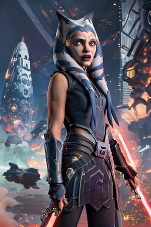 ahsokatano, facial portrait, sexy stare, smirked, futuristic city, cloudy sky, spaceships, light_saber, white, screaming, holding white light saber on each hand