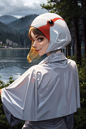 ANI_CLASSIC_jun_gatchaman_ownwaifu, facial portrait, sexy stare, smirked, on top of hill, forest below, lake, cloudy sky, from behind 