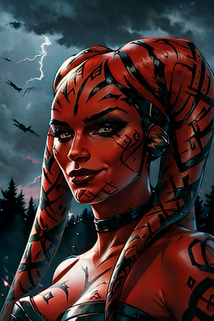 DarthTalon, facial portrait, sexy stare, smirked, dark forest, cloudy sky, lightning, ,Twilek