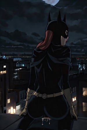 Batgirl, naked, facial portrait, sexy stare, anal portrait, Spreading legs, on top of building, city below, cloudy sky, lightning, full moon, bats flying, riding sex scene, from behind 