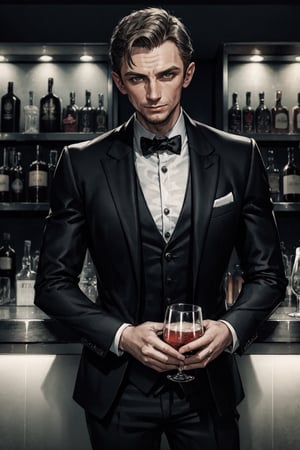 Young James Bond, armani suit, facial portrait, sexy stare, smirked, inside bar, having a drink, women, crowds, 