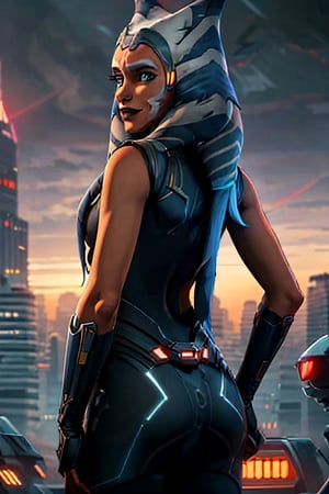 ahsokatano, facial portrait, sexy stare, smirked, futuristic city, cloudy sky, spaceships, butt shot 