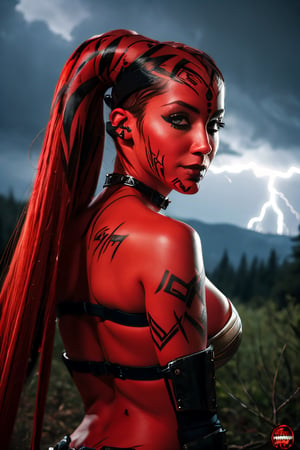 DarthTalon, facial portrait, sexy stare, smirked, dark forest, cloudy sky, lightning, butt shot 