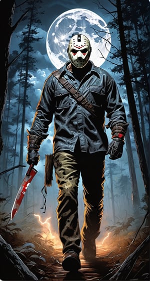 ultra Detailed Jason Voorhees,
(holding machete), walking through the forest, cloudy sky, lightning, bats, full moon, from behind, looking at the camera 