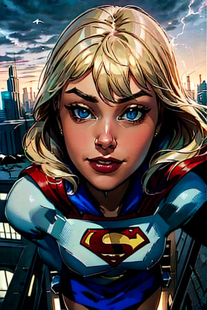 Supergirl,  facial portrait, sexy stare, smirked, flying through the sky, city below, cloudy sky, lightning, birds, planes, asteroids, 