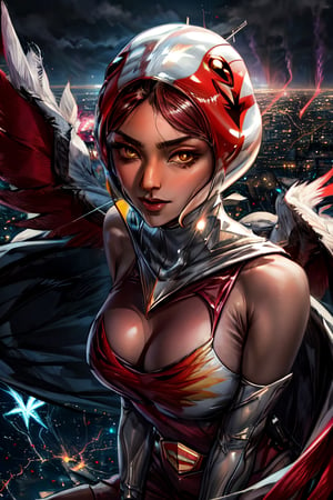 ANI_CLASSIC_jun_gatchaman_ownwaifu, facial portrait, sexy stare, sexy pose, on top of building, futuristic city, cloudy sky, Phoenix flying, lightning, ((((Phoenix flying through the sky))))