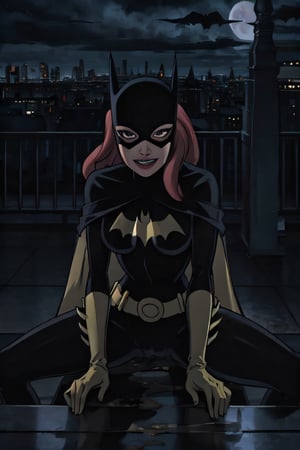 Batgirl, facial portrait, sexy stare, anal portrait, Spreading legs, on top of building, city below, cloudy sky, lightning, full moon, bats flying, smiling 