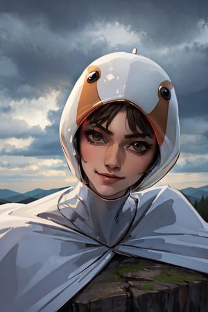 ANI_CLASSIC_jun_gatchaman_ownwaifu, facial portrait, sexy stare, smirked, on top of hill, forest below, lake, cloudy sky, crouched 