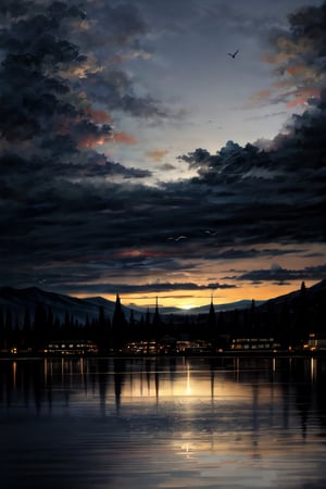 Landscape, cloudy sky, birds flying, lakeside 