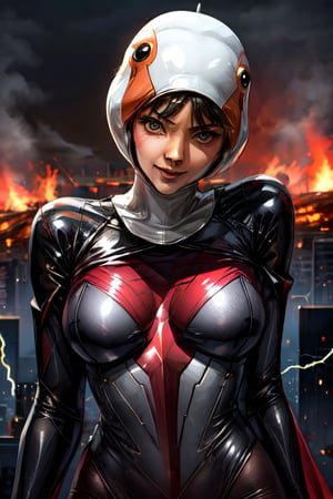 ANI_CLASSIC_jun_gatchaman_ownwaifu, facial portrait, sexy stare, smirked, on top of building, futuristic city, cloudy sky, Phoenix burning through the sky, lightning 