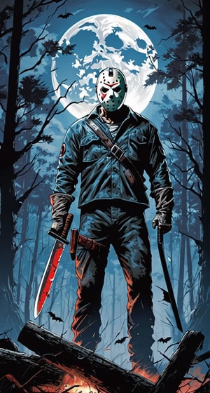 ultra Detailed Jason Voorhees,
(holding machete), in the forest, cloudy sky, lightning, bats, full moon, 