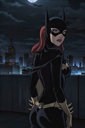 Batgirl, facial portrait, sexy stare, smirked, on top of building, city below, cloudy sky, lightning, full moon, bats flying, butt shot 