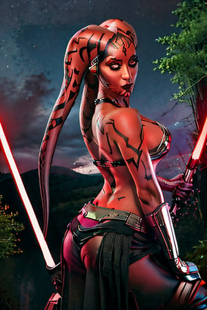 DarthTalon, facial portrait, sexy stare, smirked, full body, sexy pose, dark forest, cloudy sky, lightning, ,Twilek, butt shot ,Colored Skin, light_saber, red,