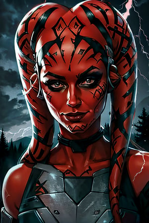 DarthTalon, facial portrait, sexy stare, smirked, dark forest, cloudy sky, lightning, ,Twilek