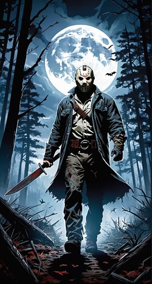 ultra Detailed Jason Voorhees,
(holding machete), walking through the forest, cloudy sky, lightning, bats, full moon, from behind, looking at the camera 