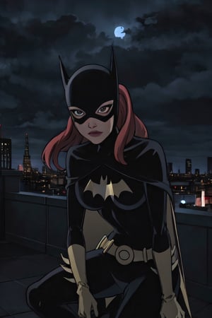Batgirl, facial portrait, sexy stare, smirked, on top of building, city below, cloudy sky, lightning, full moon, bats flying, crouched 