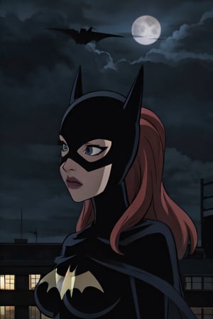 Batgirl, facial portrait, sexy stare,  on top of building, city below, cloudy sky, lightning, full moon, bats flying, 