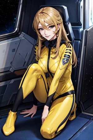 Yuki Mori, yellow suit, facial portrait, sexy stare, smirked, full body, sexy pose,  inside spaceship, space, crouched 