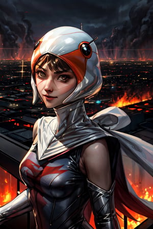 ANI_CLASSIC_jun_gatchaman_ownwaifu, facial portrait, sexy stare, smirked, on top of building, futuristic city, cloudy sky, Phoenix burning through the sky, lightning 