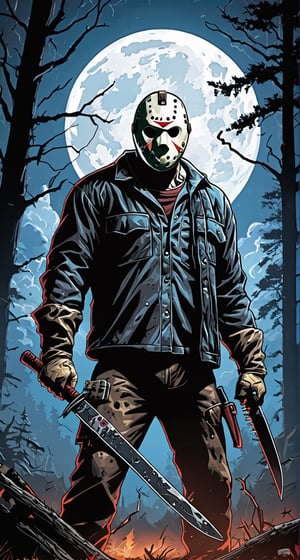 ultra Detailed Jason Voorhees,
(holding machete), in the forest, cloudy sky, lightning, bats, full moon, 