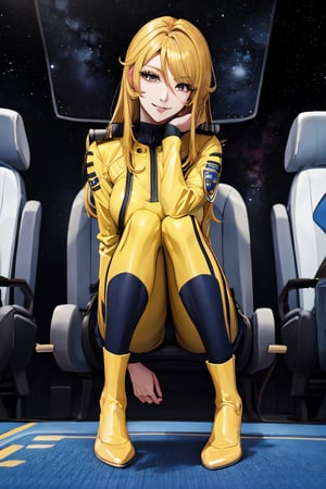 Yuki Mori, yellow suit, facial portrait, sexy stare, smirked, full body, sexy pose,  inside spaceship, space, crouched 