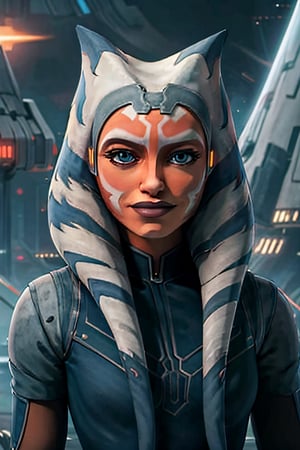 ahsokatano, facial portrait, sexy stare, smirked, futuristic city, cloudy sky, spaceships, 